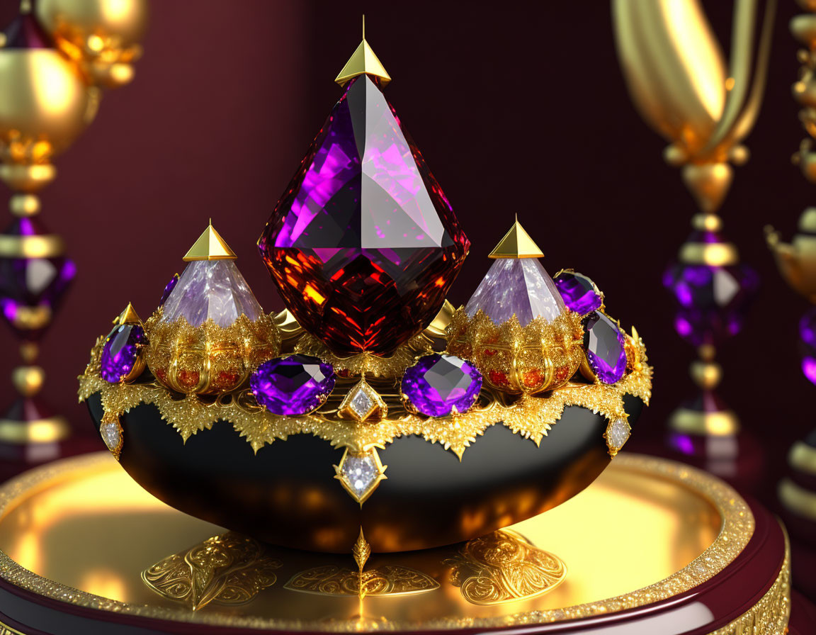 Golden Crown with Red and Purple Gems on Balloon Background