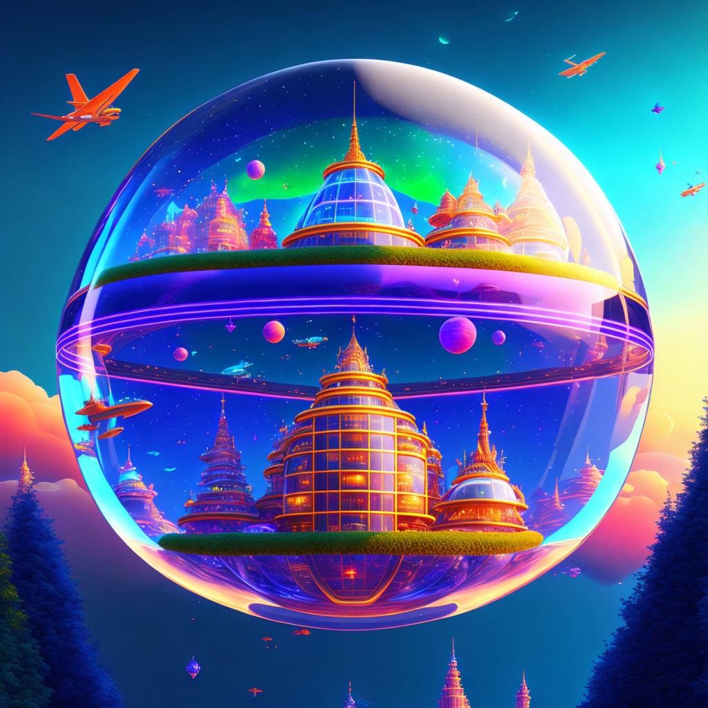 Futuristic city in translucent sphere with vibrant structures and aircraft.