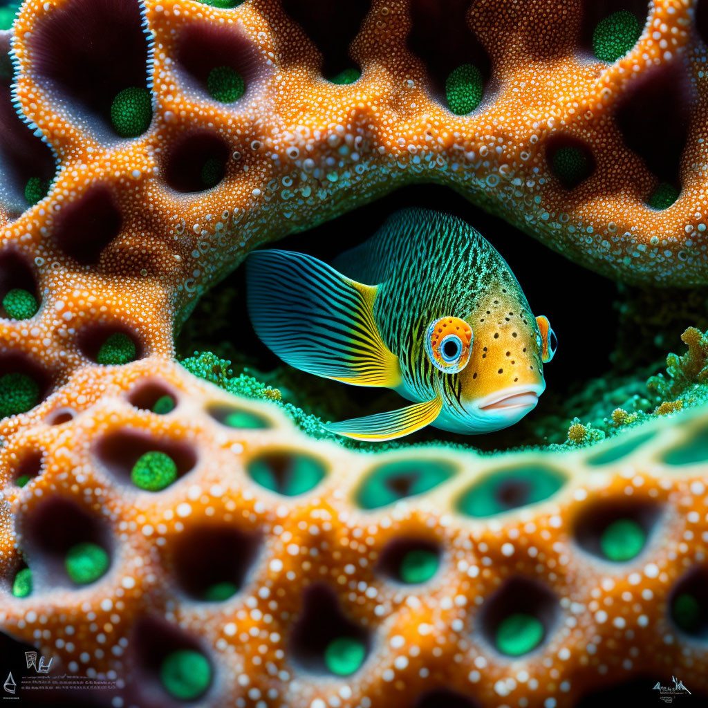 Colorful Striped Fish Camouflaged in Sea Sponges