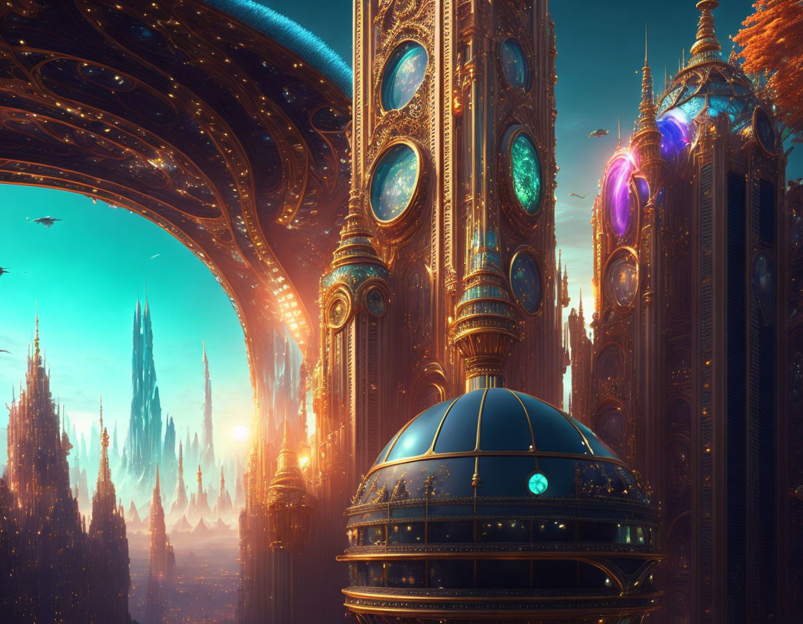 Golden futuristic cityscape with ornate towers, domes, and arched structures under a sunset sky