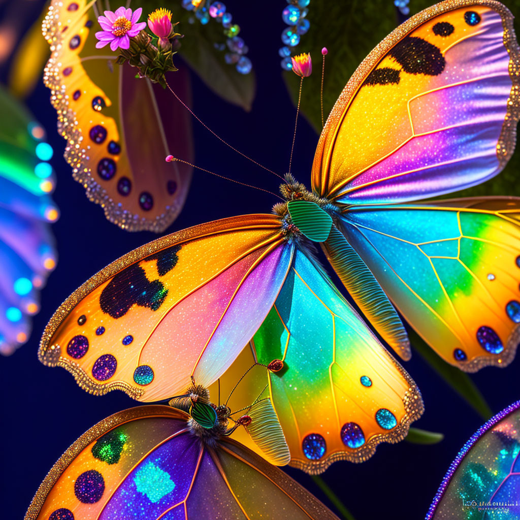 Colorful Butterfly Artwork with Glowing Wings on Flower and Orbs