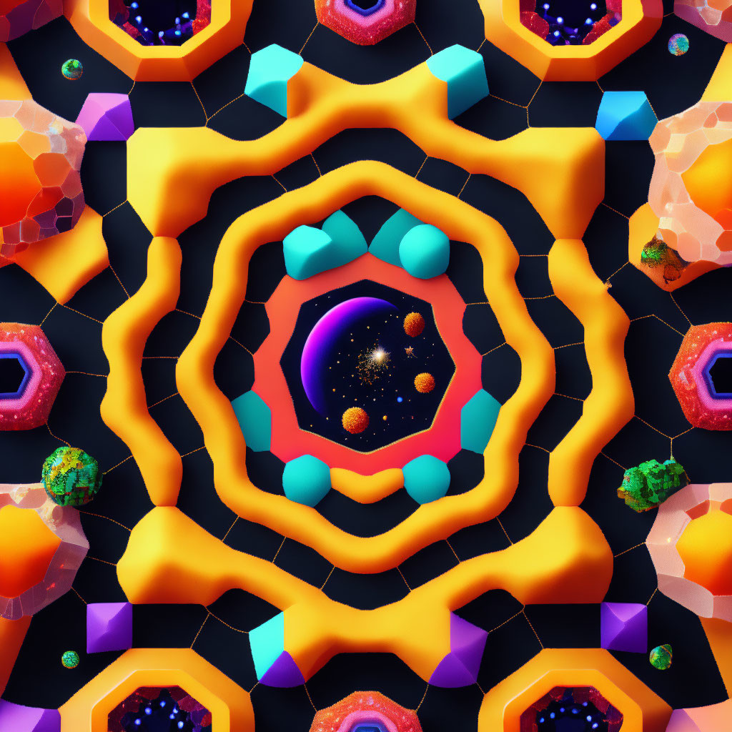 Symmetrical kaleidoscopic digital art with cosmic theme and bright colors