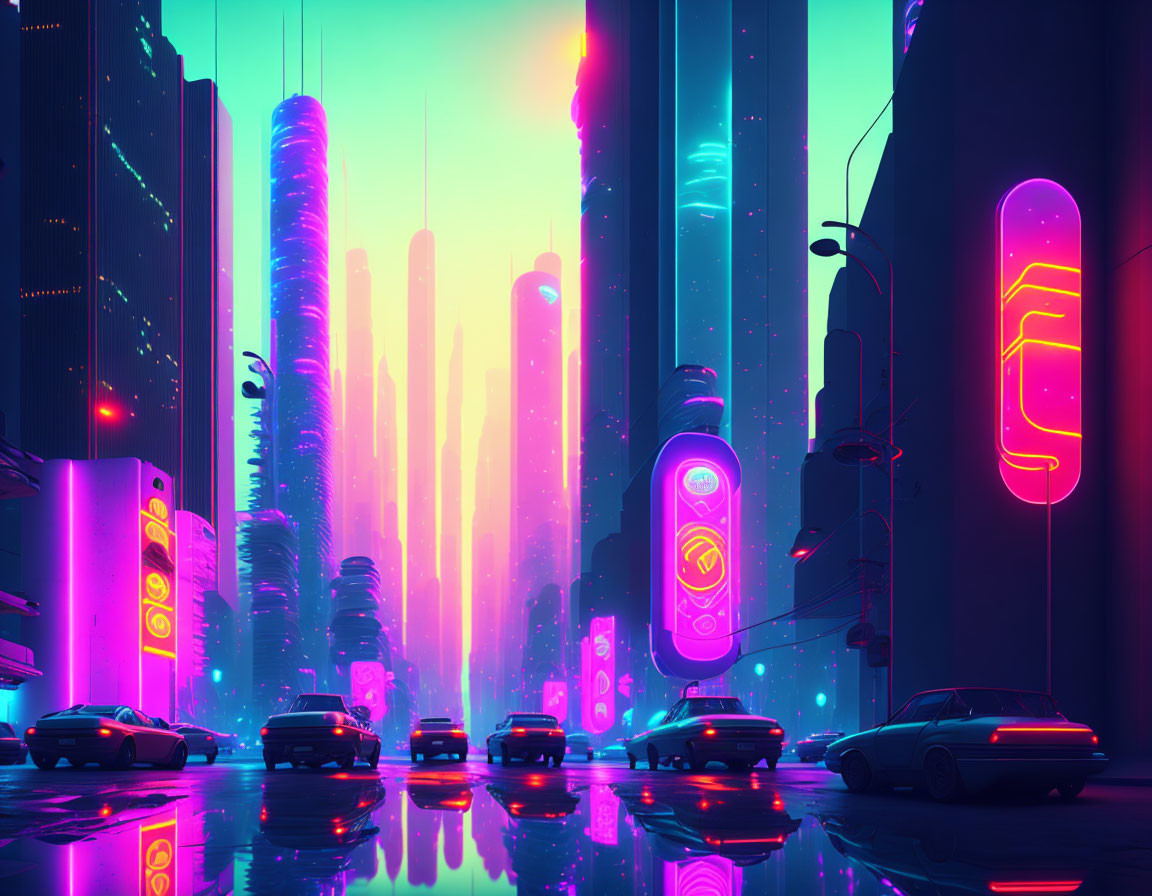 Futuristic neon-lit cityscape with skyscrapers and retro-futuristic cars