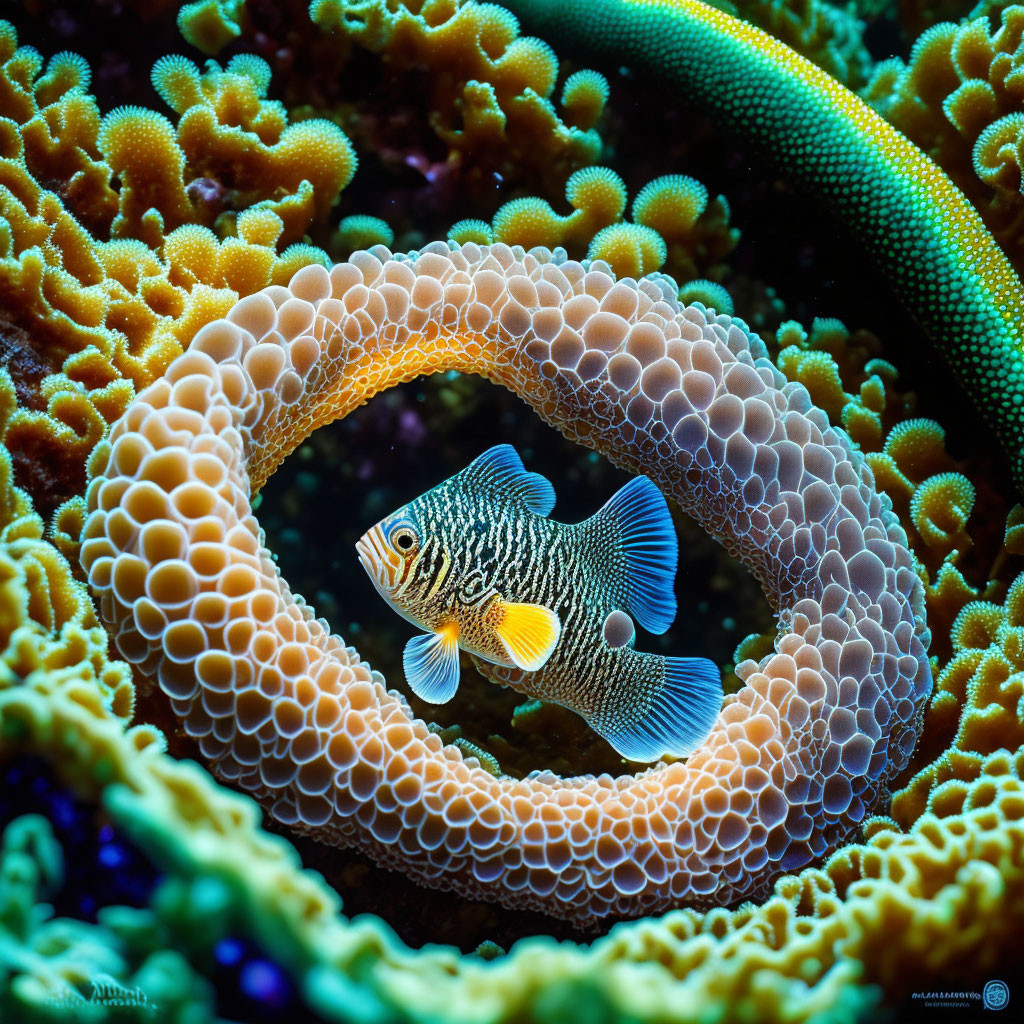 Vibrant fish swimming through ring-shaped coral in marine environment