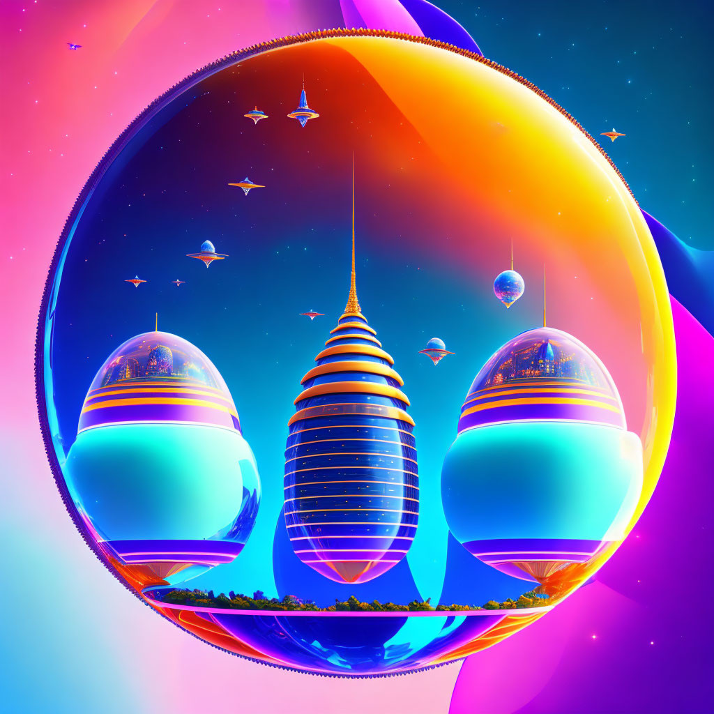 Futuristic digital artwork with neon space background