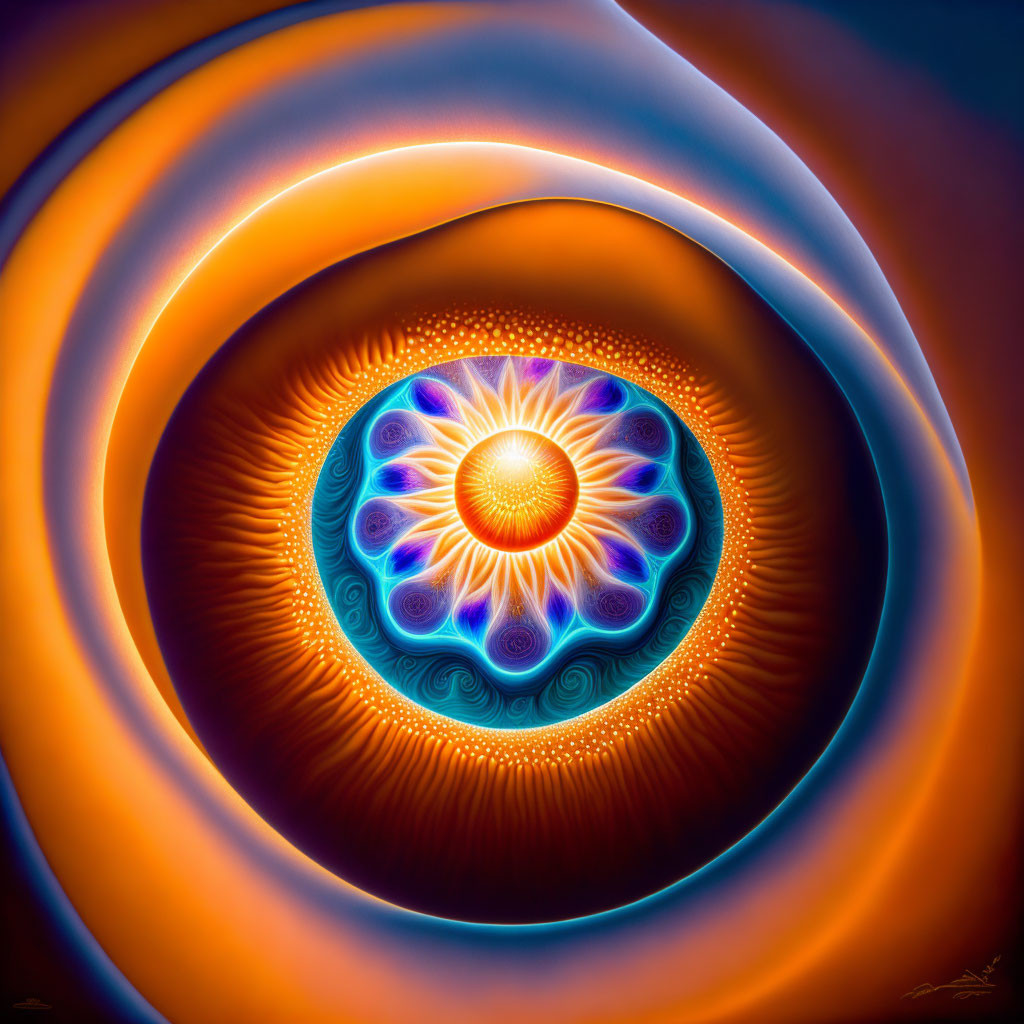 Vibrant digital artwork: Glowing concentric circles with warm colors and intricate patterns.