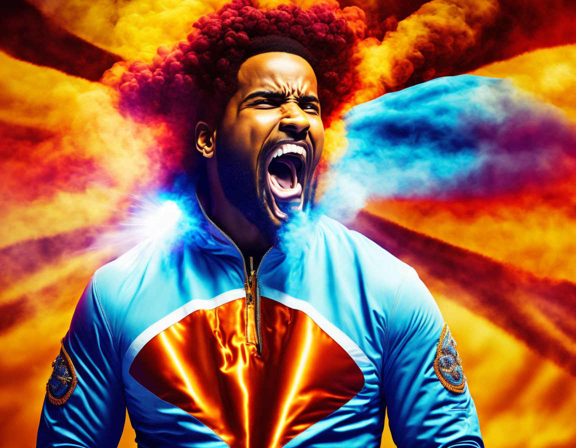 Vibrant red afro man in blue and orange jacket with colorful smoke swirls