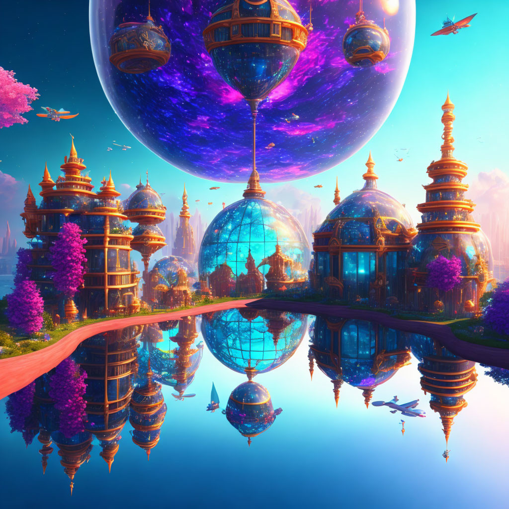 Futuristic floating cities over serene water in vibrant sci-fi landscape