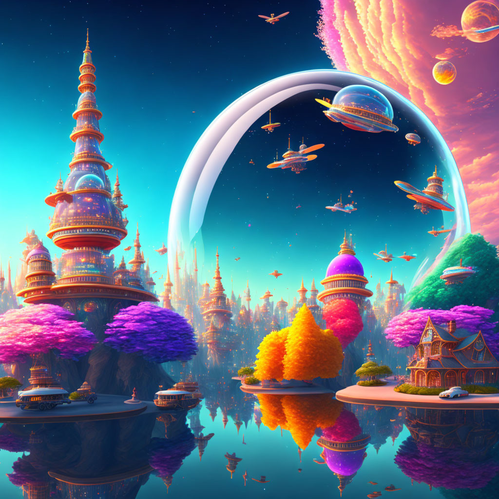 Colorful Fantasy Landscape with Futuristic Towers and Spacecraft