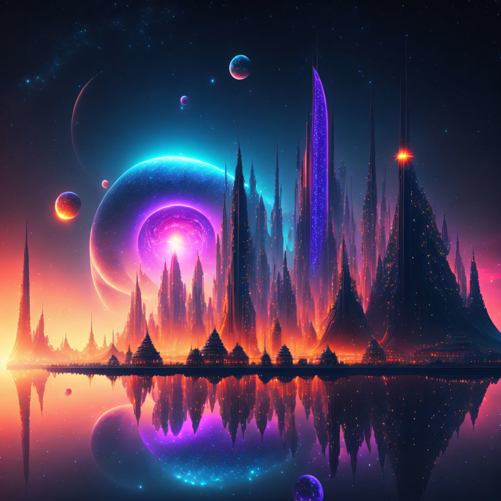 Sci-fi landscape with towering spires and cosmic backdrop