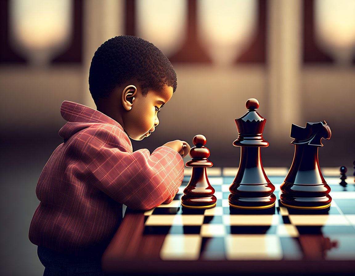 Young boy focused on chessboard with queen and knight pieces.