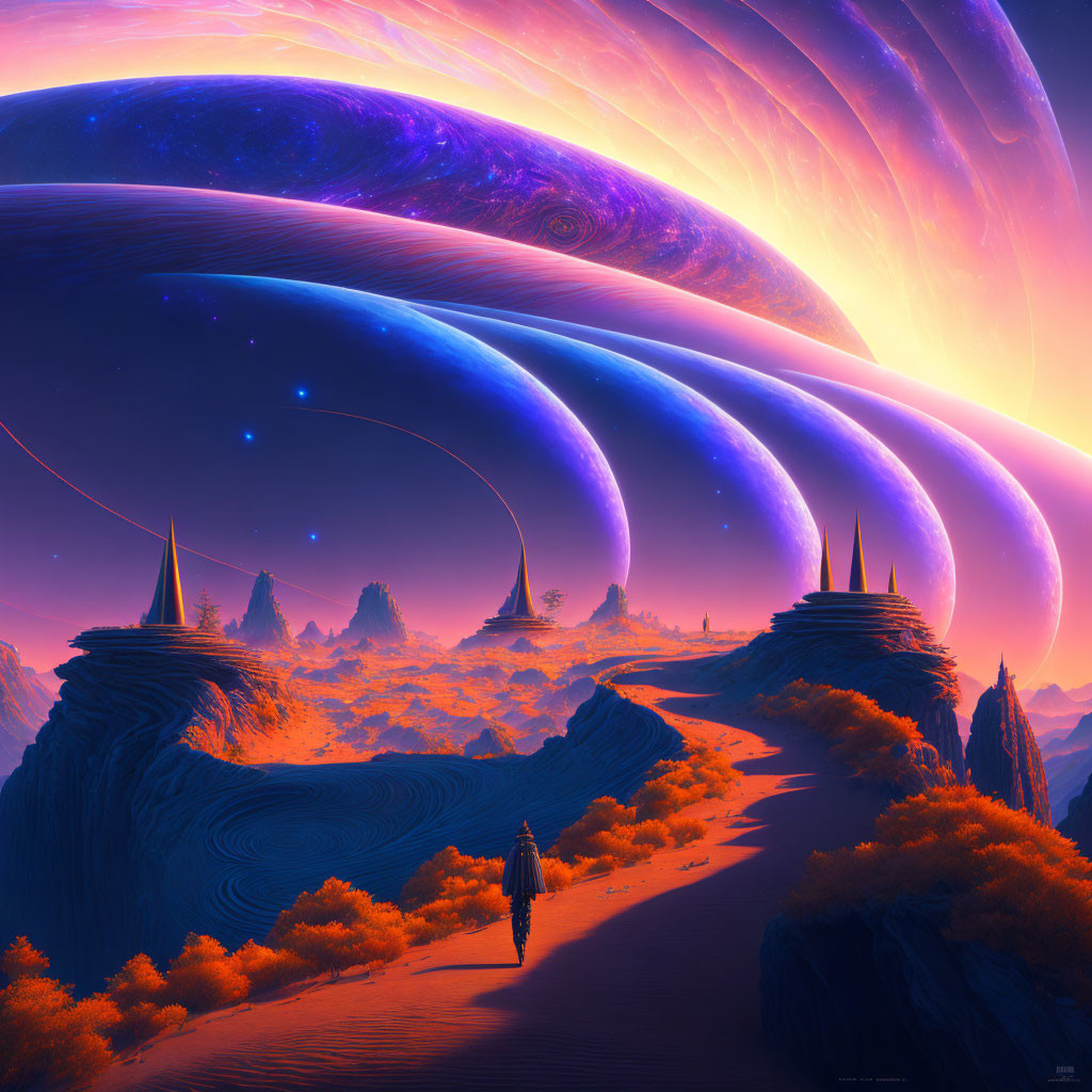 Person walking on winding path in surreal landscape with violet skies, ringed planets, and towering spires