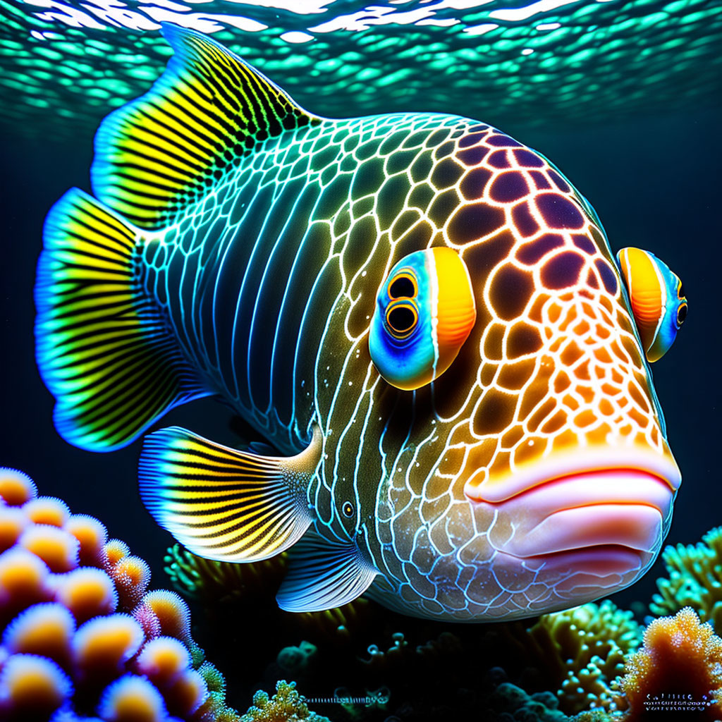 Colorful Yellow and Black Striped Fish in Vibrant Underwater Coral Scene