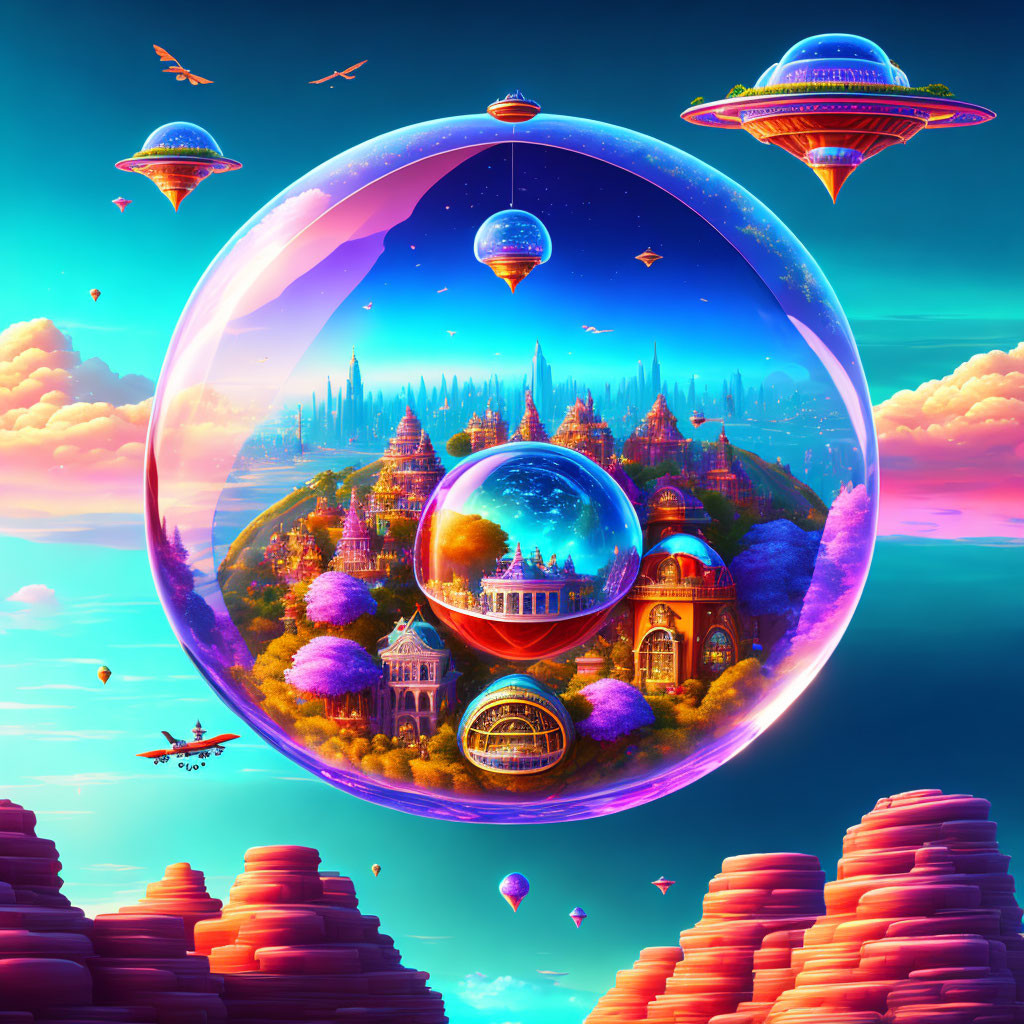 Surreal landscape with floating islands, futuristic cities, and starry sky