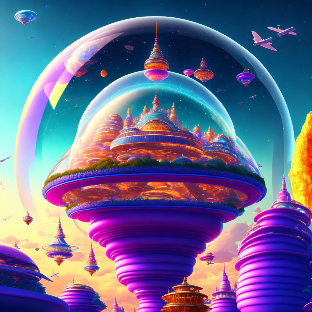 Futuristic cityscape under glass dome at sunset with flying vehicles