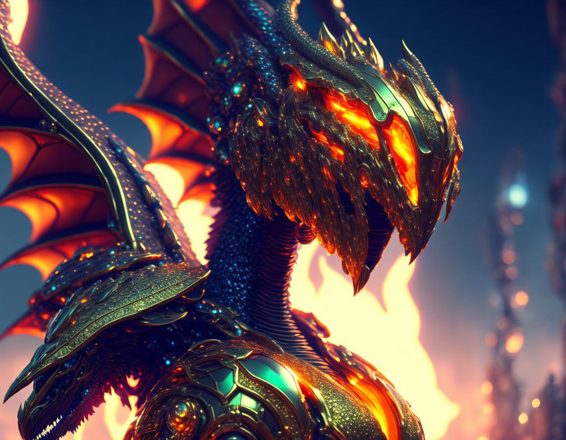 Mechanical Dragon with Armor Plating and Glowing Accents Against Fiery Background