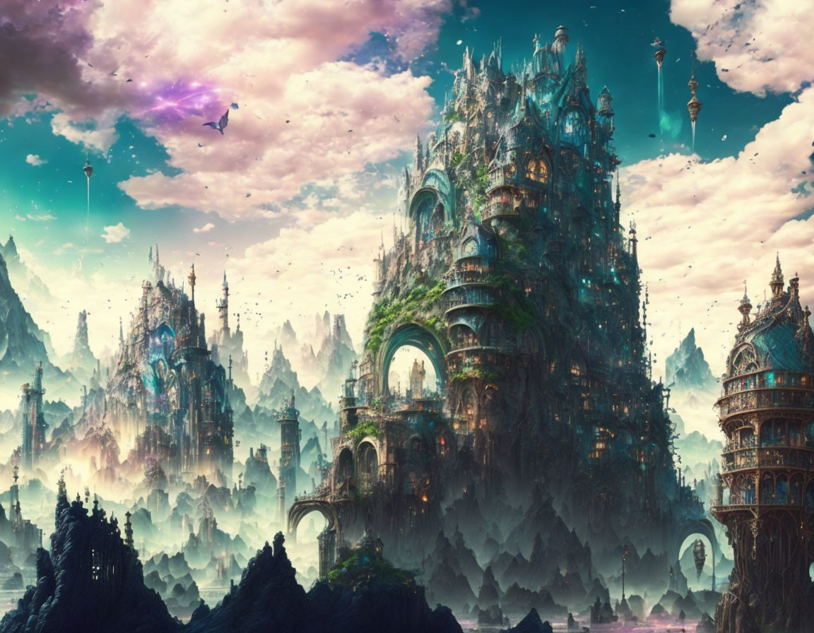 Majestic castles in fantasy landscape with mountains and flying creatures