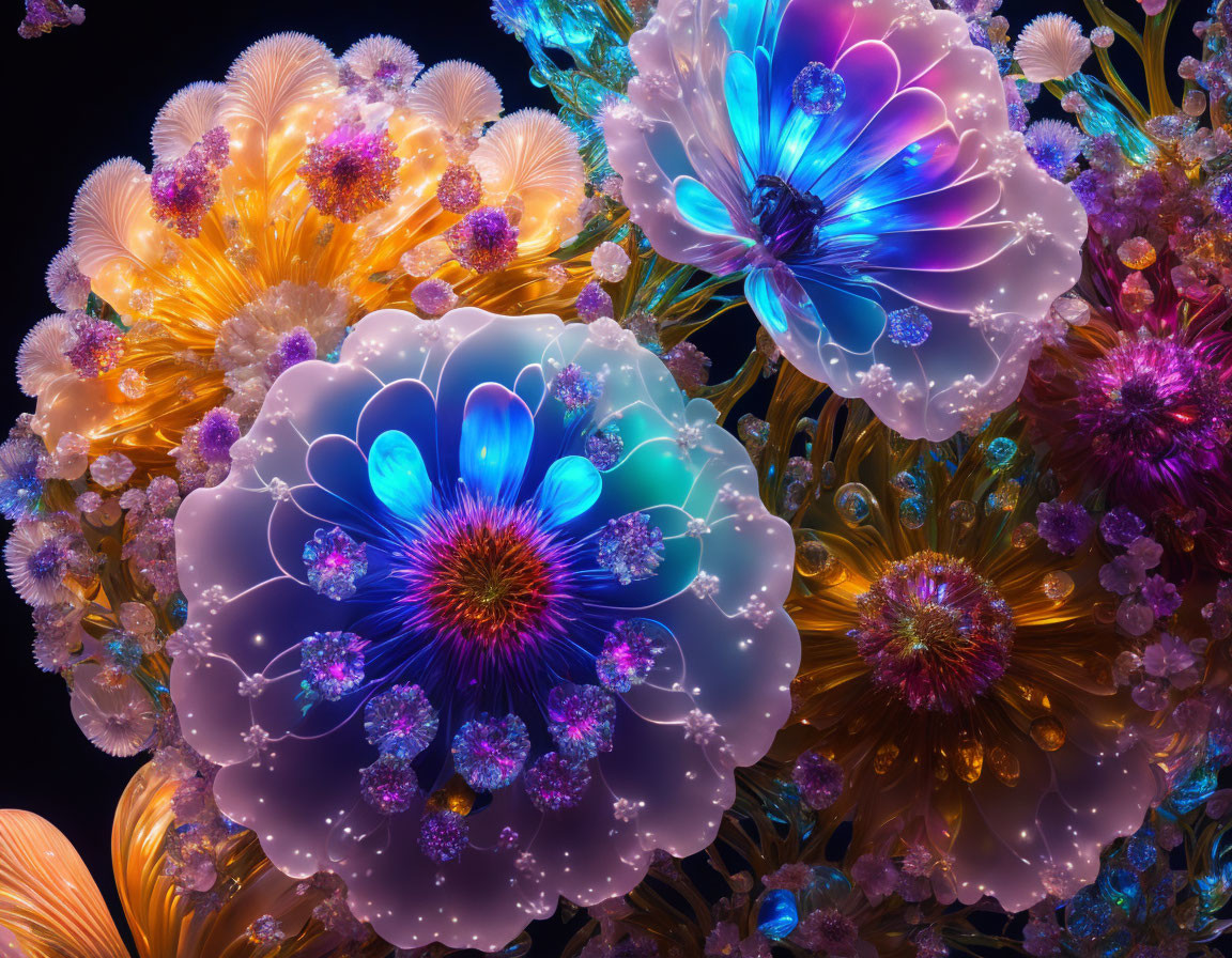 Colorful Luminescent Floral-like Formations on Dark Background