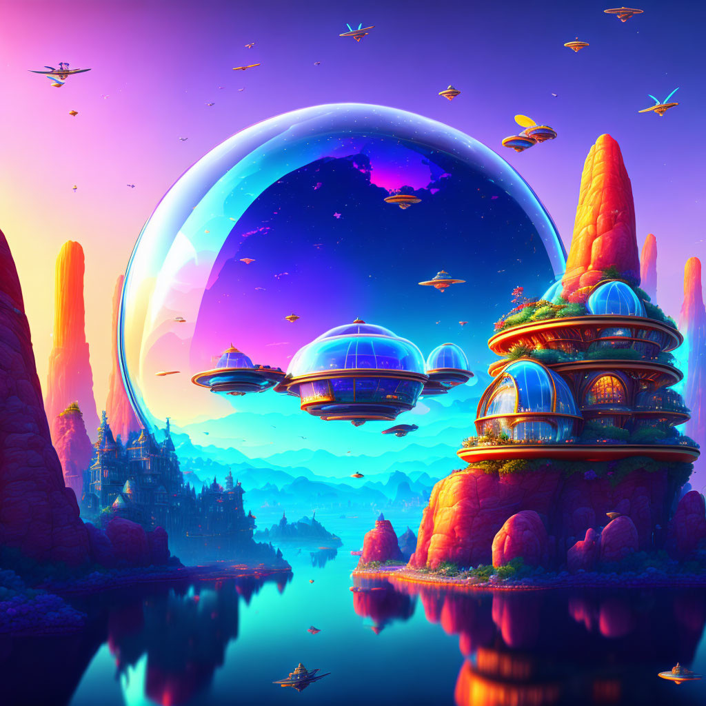 Futuristic sci-fi landscape with floating ships and protective dome