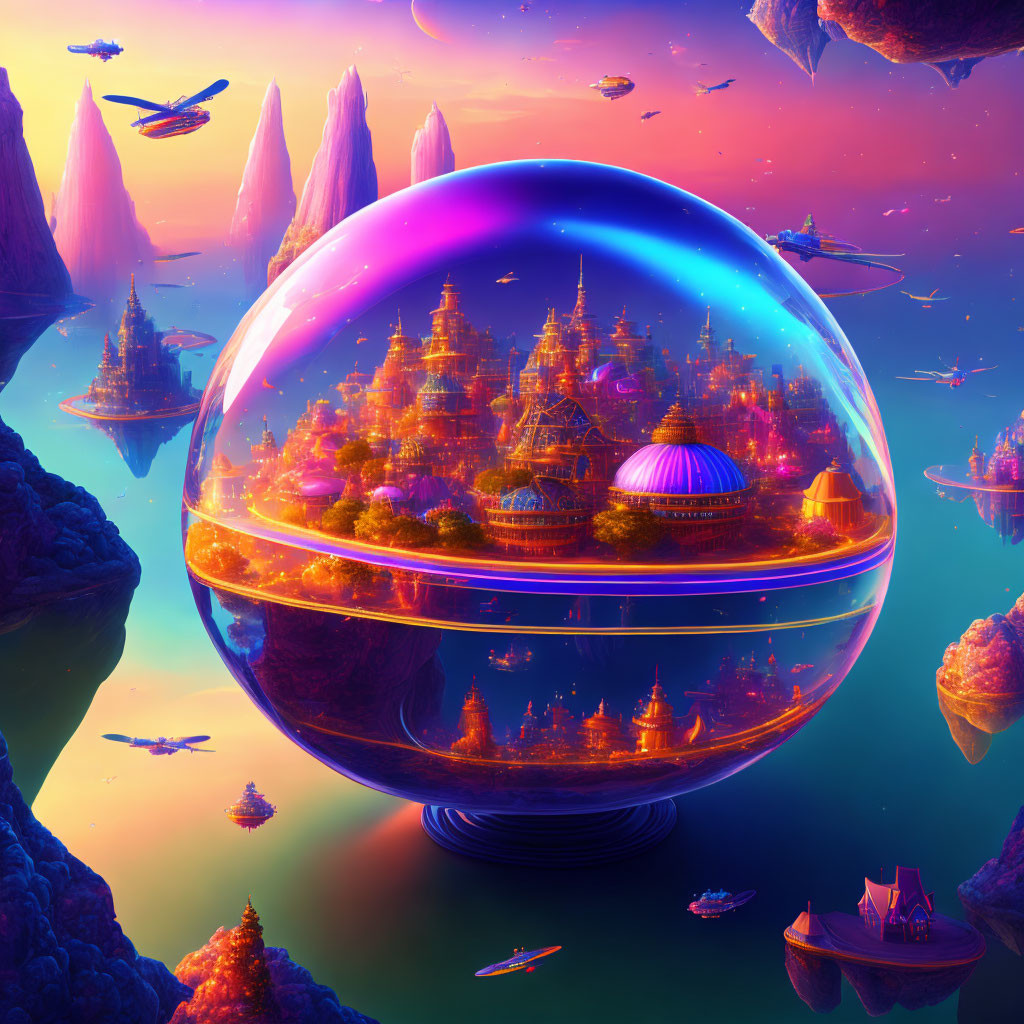 City Encased in Glass Sphere with Floating Islands and Ships