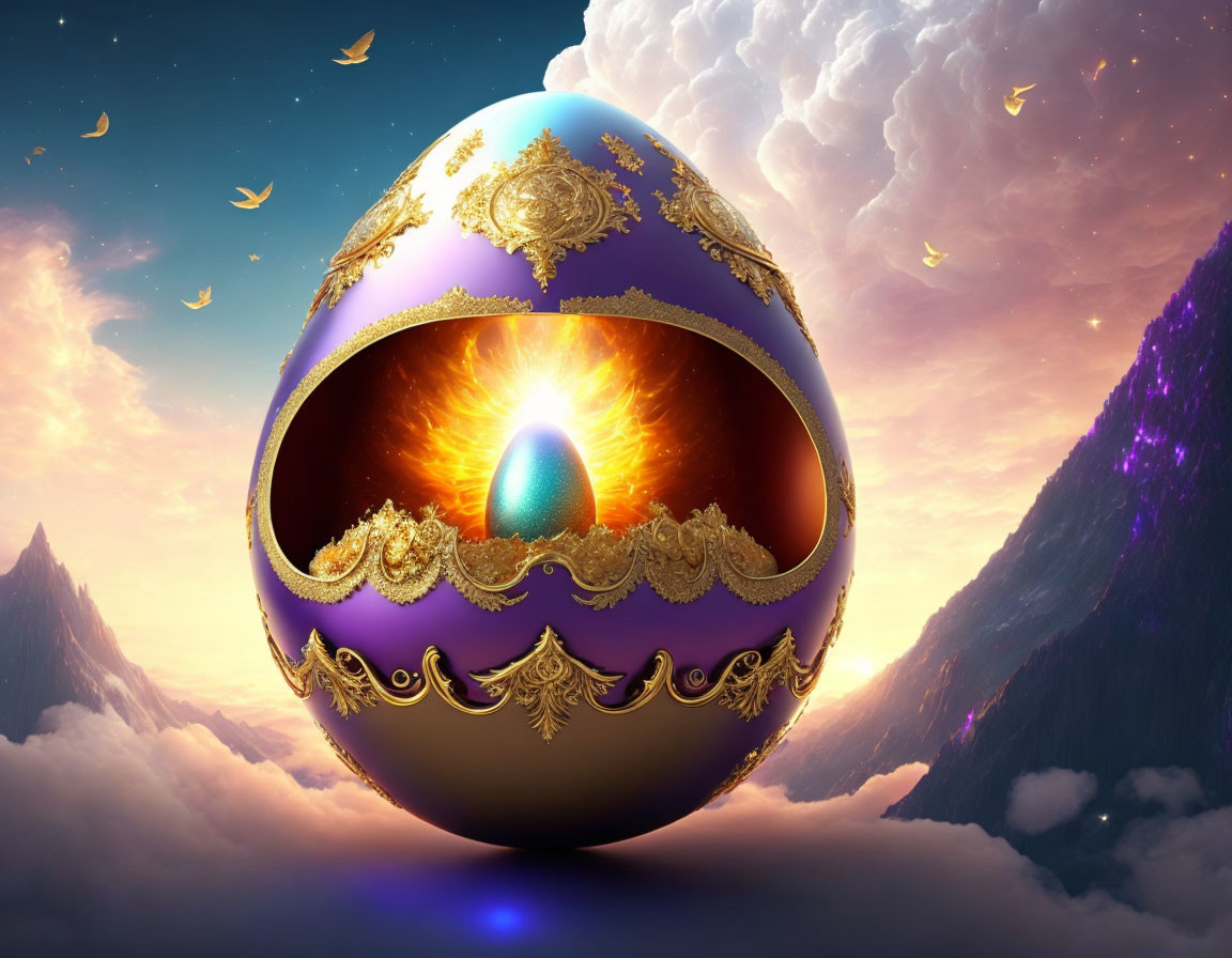 Fantastical image: large ornate purple egg with gold detailing in surreal sky between mountain peaks