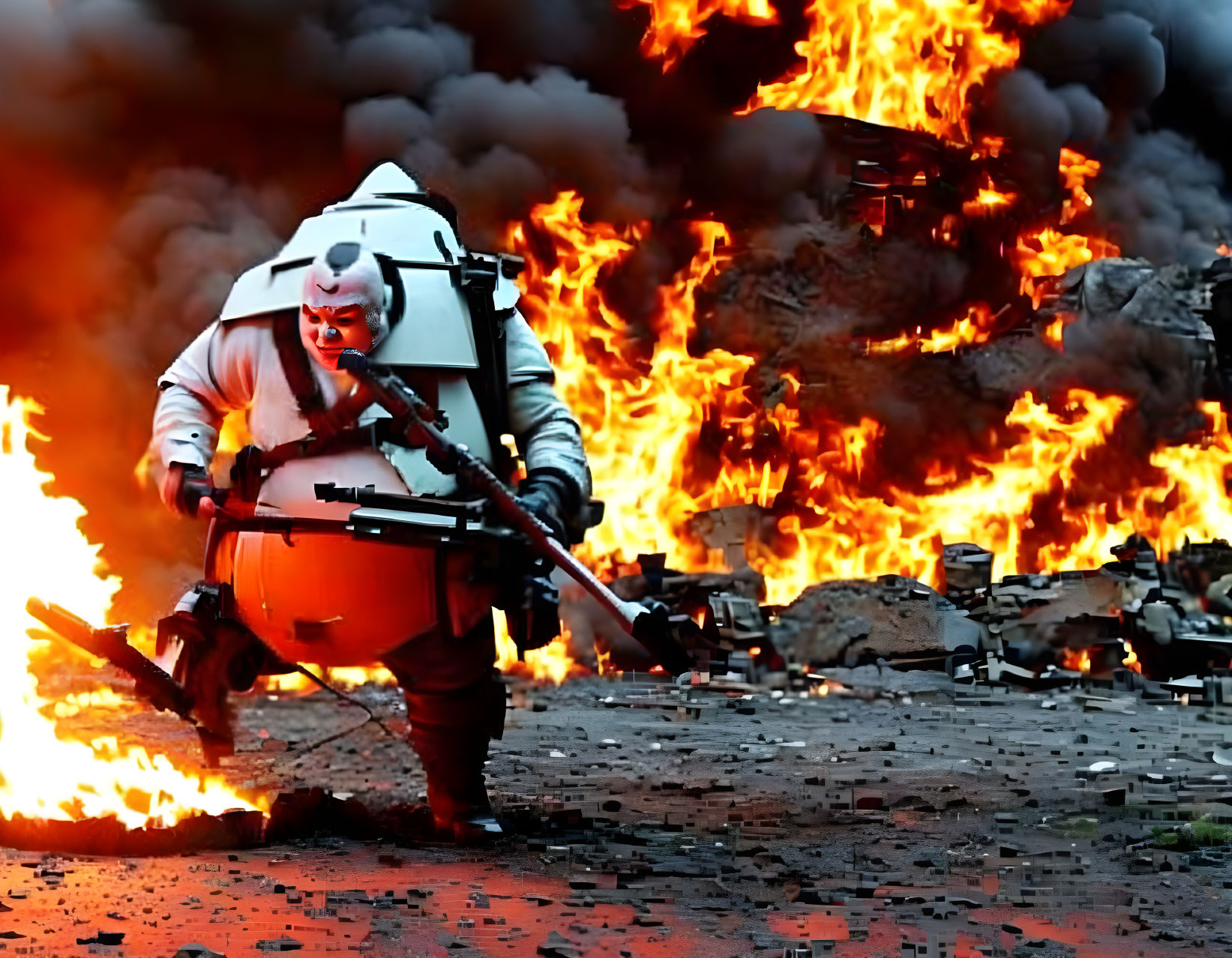 Person in white and orange spacesuit walks away from flames with weapon