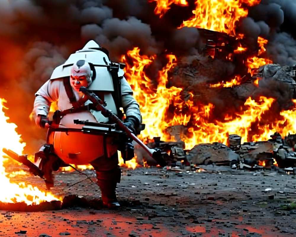 Person in white and orange spacesuit walks away from flames with weapon