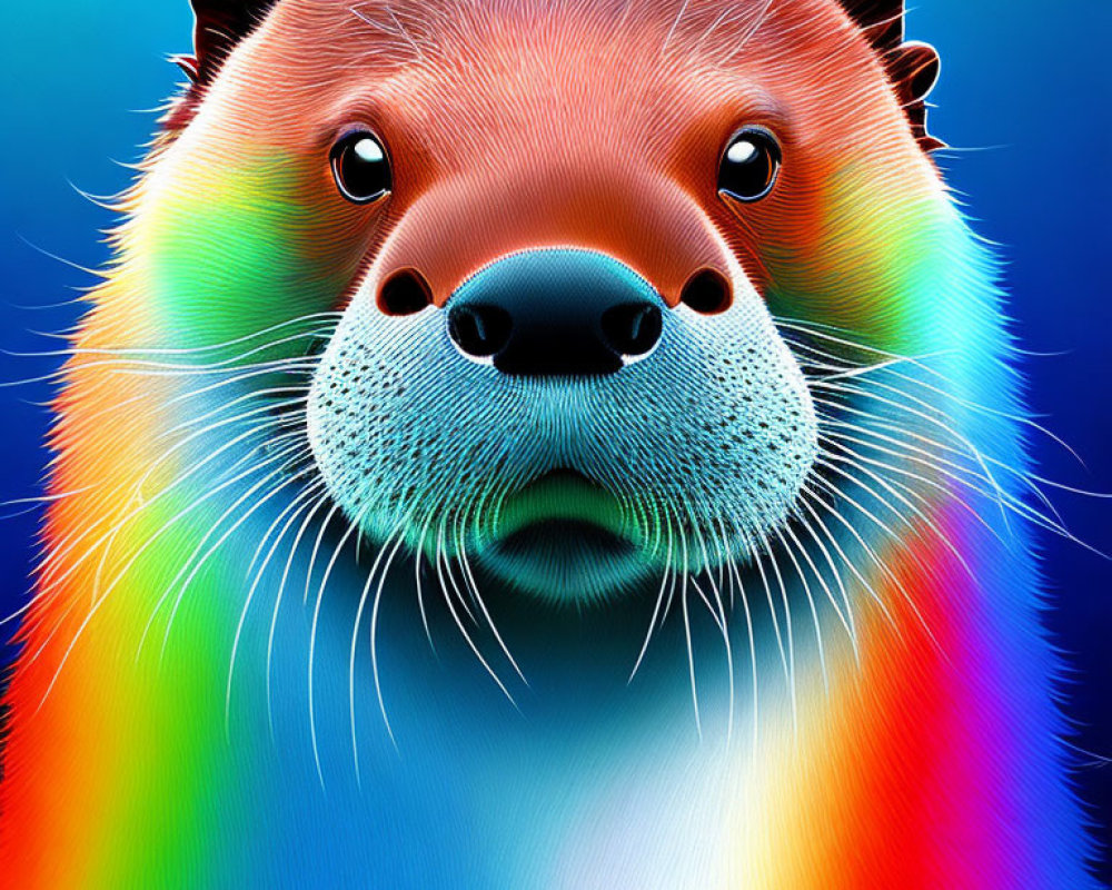 Vibrant rainbow bear digital art on blue background