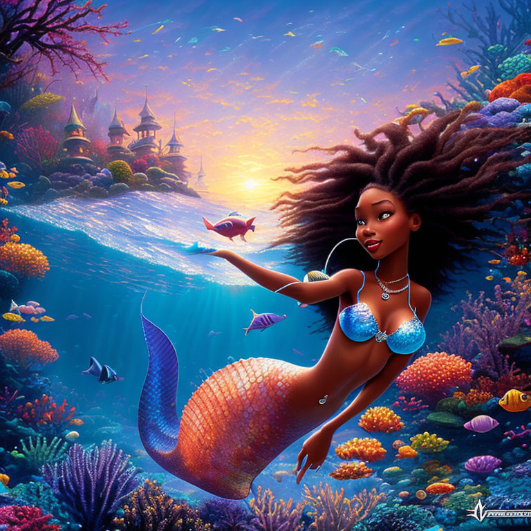 Mermaid swimming near vibrant coral reef with colorful fish and whimsical castles underwater