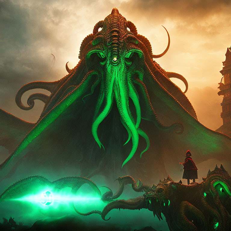 Gigantic octopus-like creature with glowing eyes and figures in red cloak near ancient tower under ominous