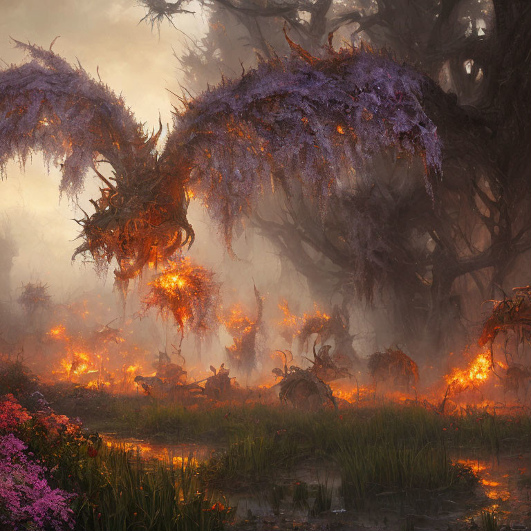 Mystical dragon surrounded by fiery foliage and purple flowers in enchanted forest