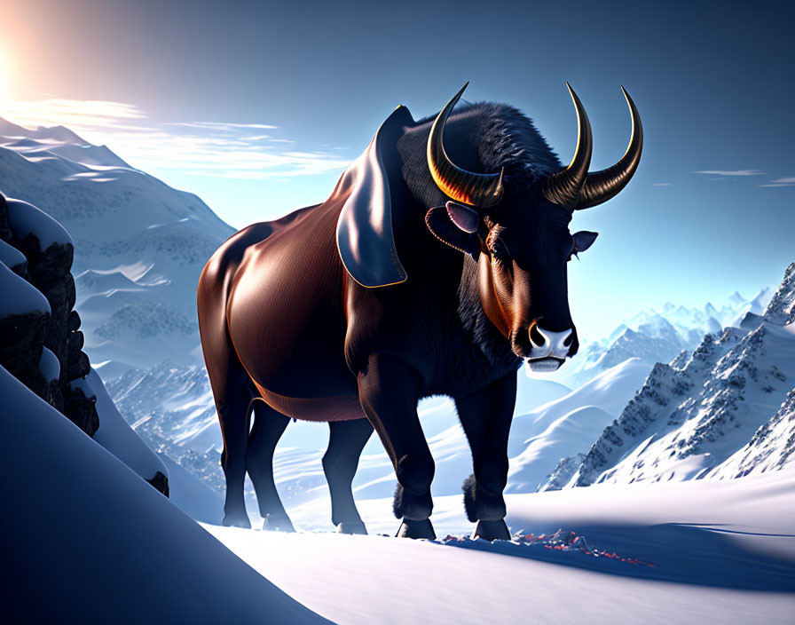 Majestic animated bull with golden horns in snowy mountain landscape