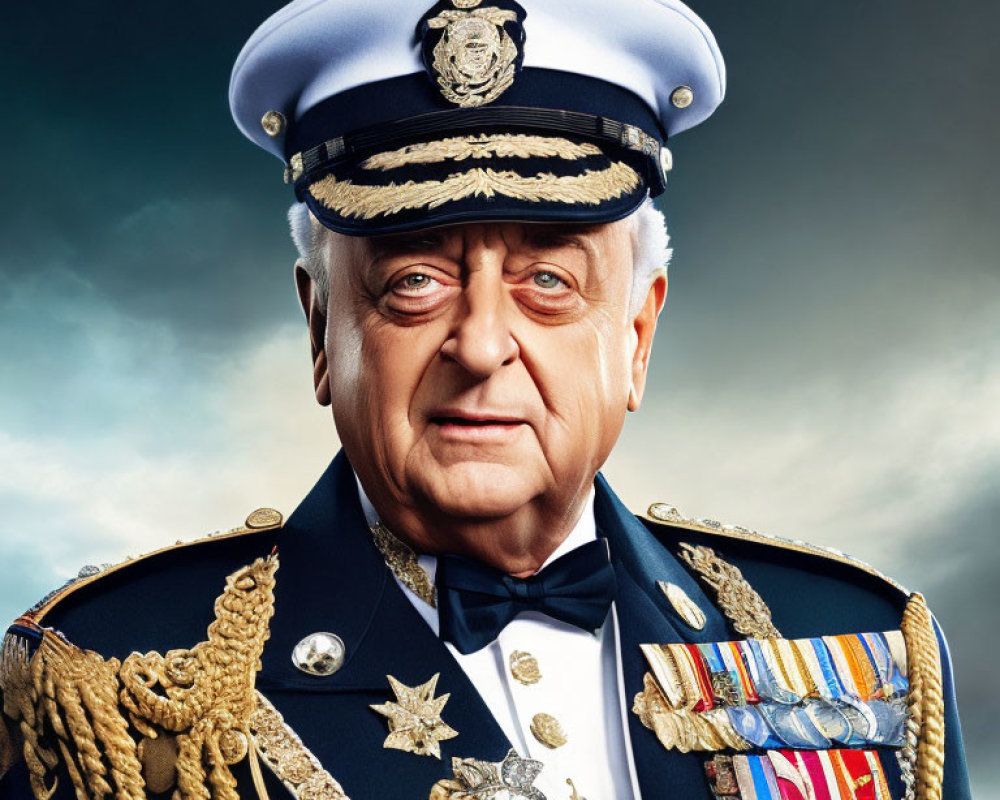 Elderly man in naval uniform with medals on blue and grey background