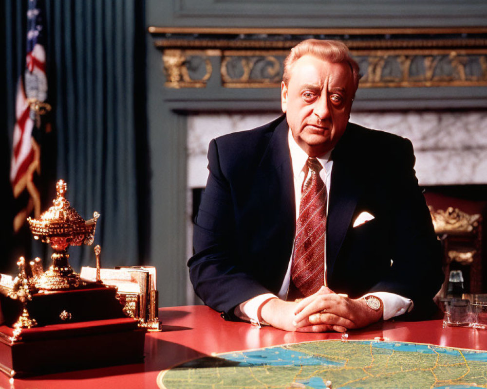 Man in suit at desk with world map and American flag in formal office setting