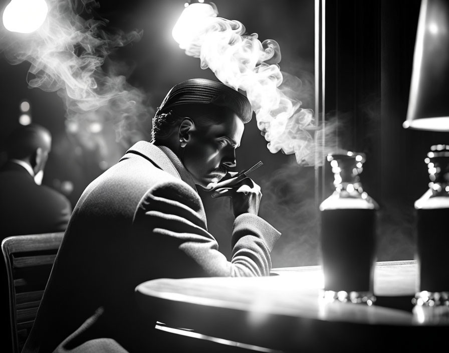 Monochrome image of man smoking pipe at table with bottles