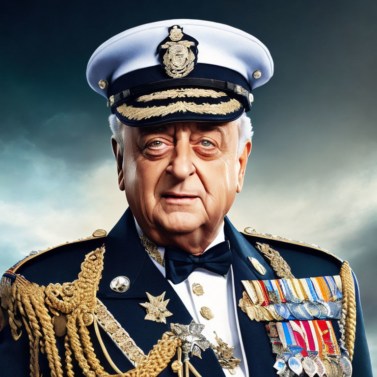 Elderly man in naval uniform with medals on blue and grey background