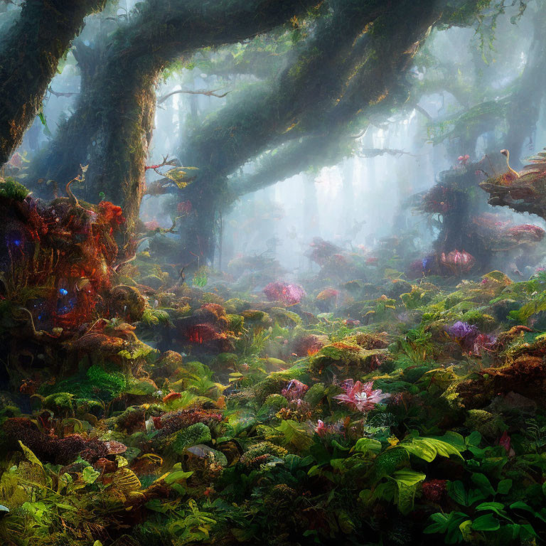 Enchanting forest with vibrant flora and ethereal atmosphere