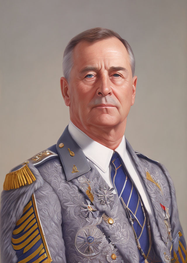 Decorated military uniform with stern-looking man