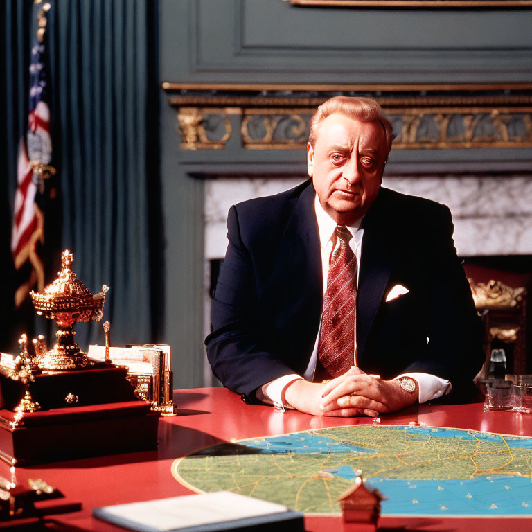 Man in suit at desk with world map and American flag in formal office setting