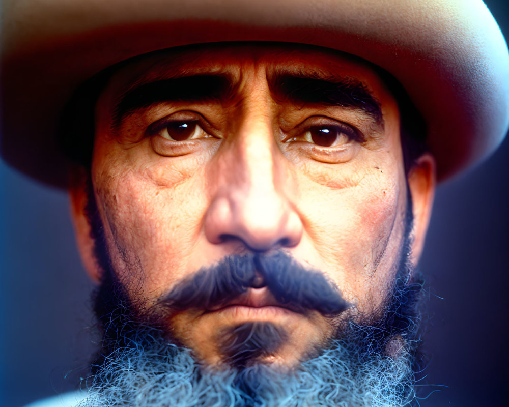 Bearded man in hat with serious expression against blurred background