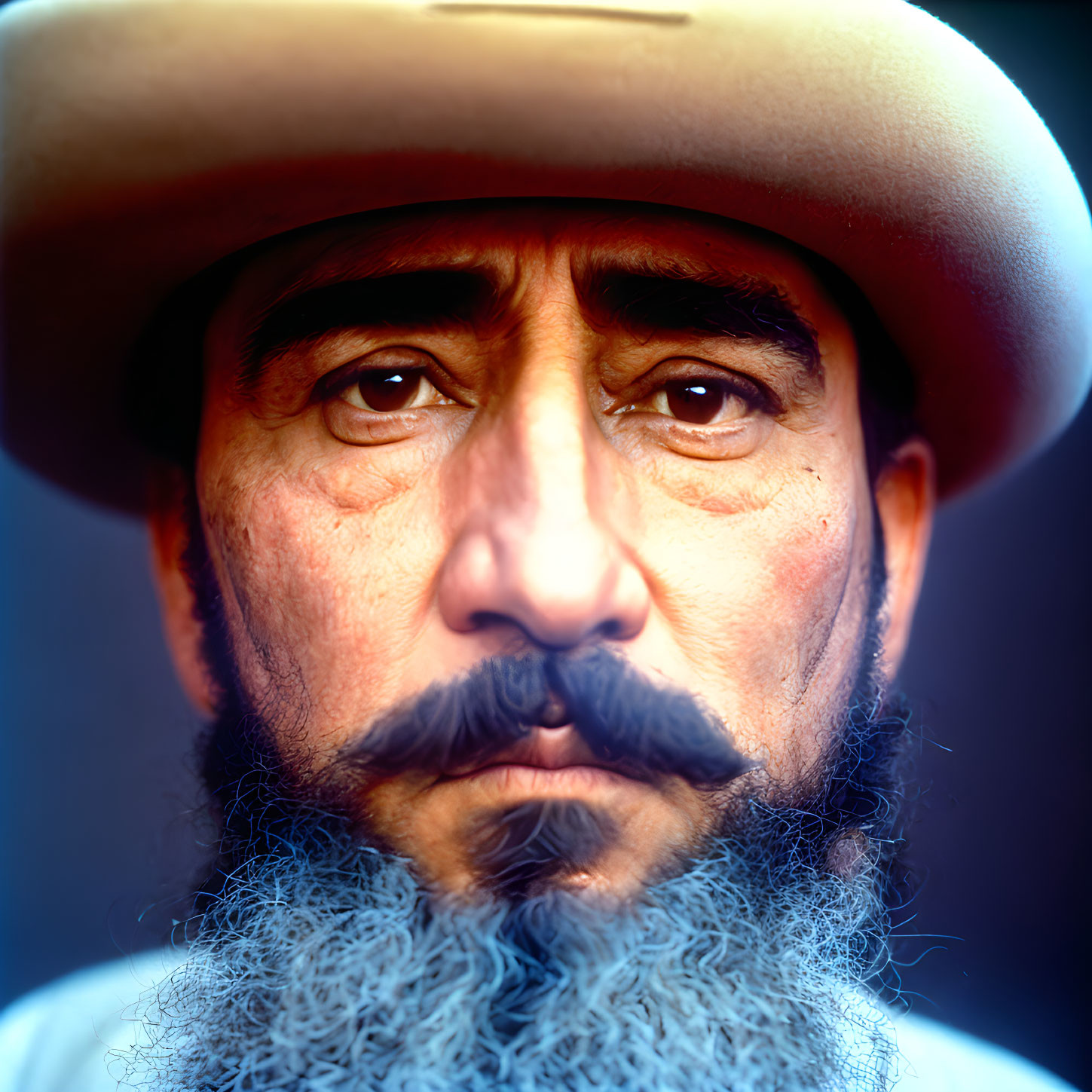 Bearded man in hat with serious expression against blurred background