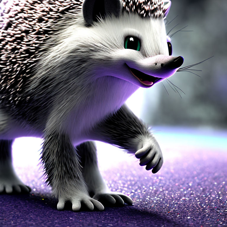 Smiling anthropomorphic hedgehog on purple glittery surface