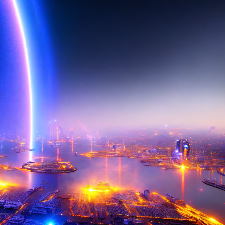 Vibrant blue and orange futuristic cityscape with glowing arc at night