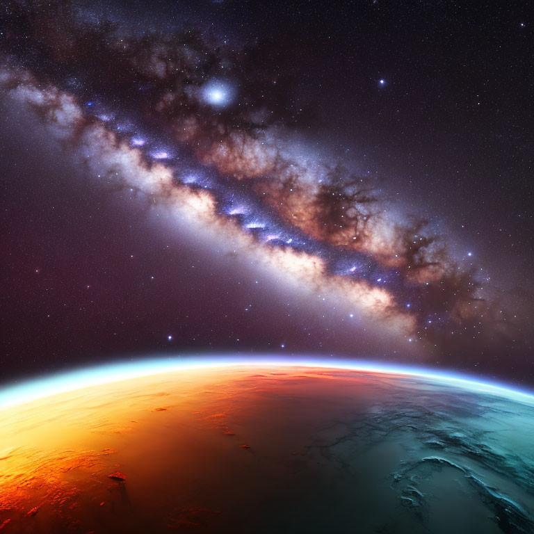 Curved Horizon of Planet with Orange and Blue Hues in Starry Sky