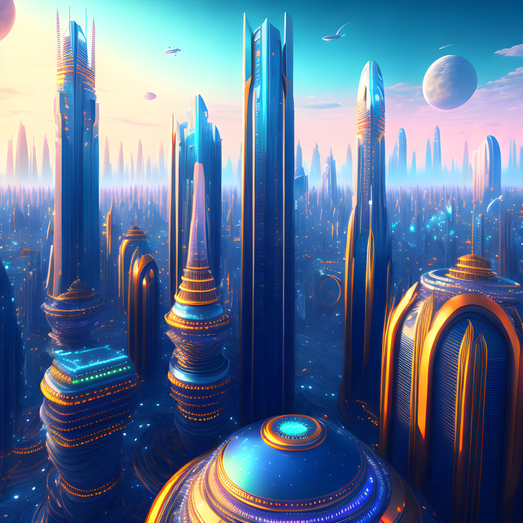 Futuristic Cityscape with Skyscrapers, Flying Vehicles, and Distant Planet at Sunset