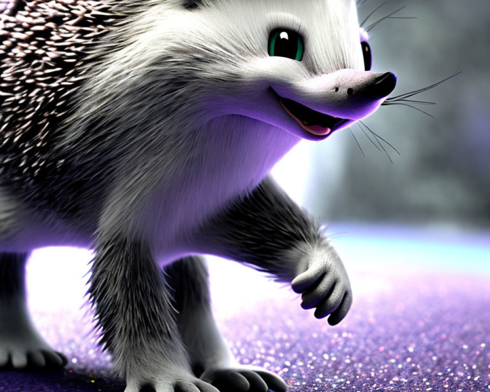 Smiling anthropomorphic hedgehog on purple glittery surface