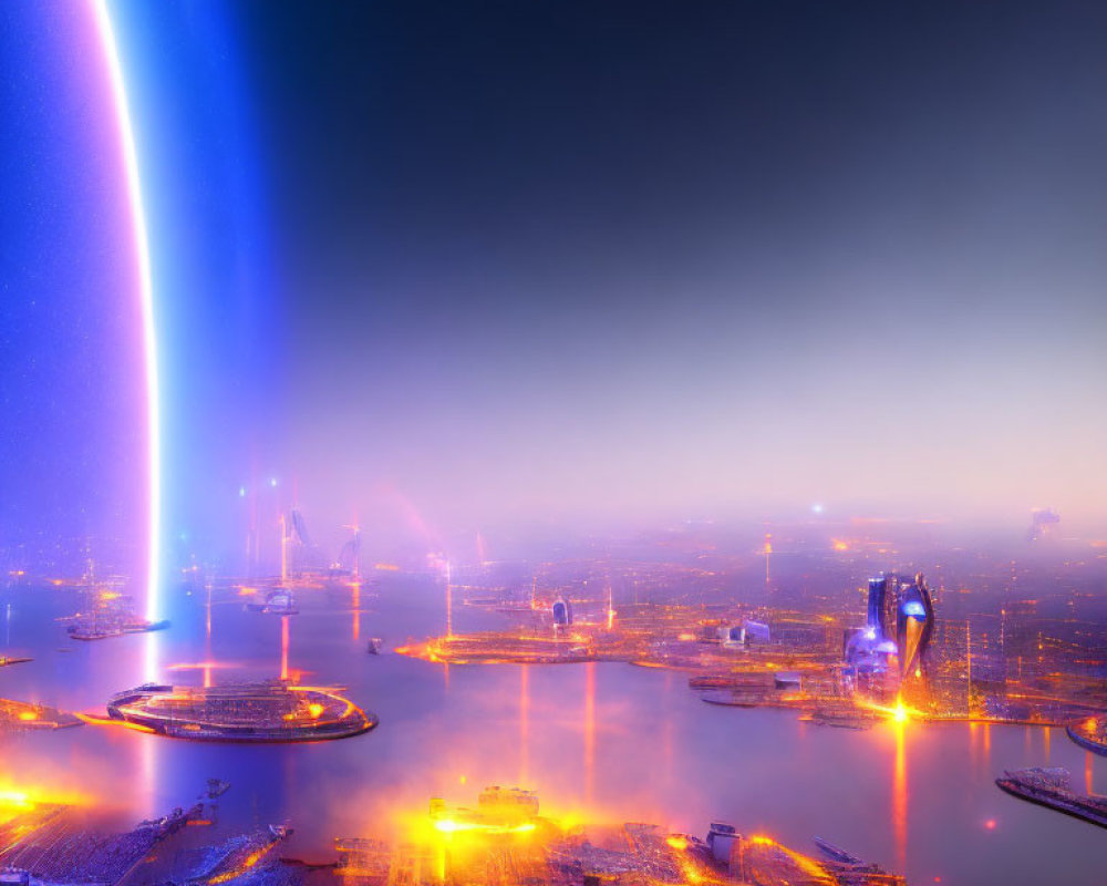 Vibrant blue and orange futuristic cityscape with glowing arc at night