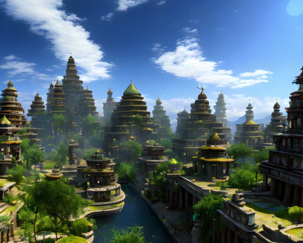 Ornate multi-tiered pagodas in lush fantasy landscape