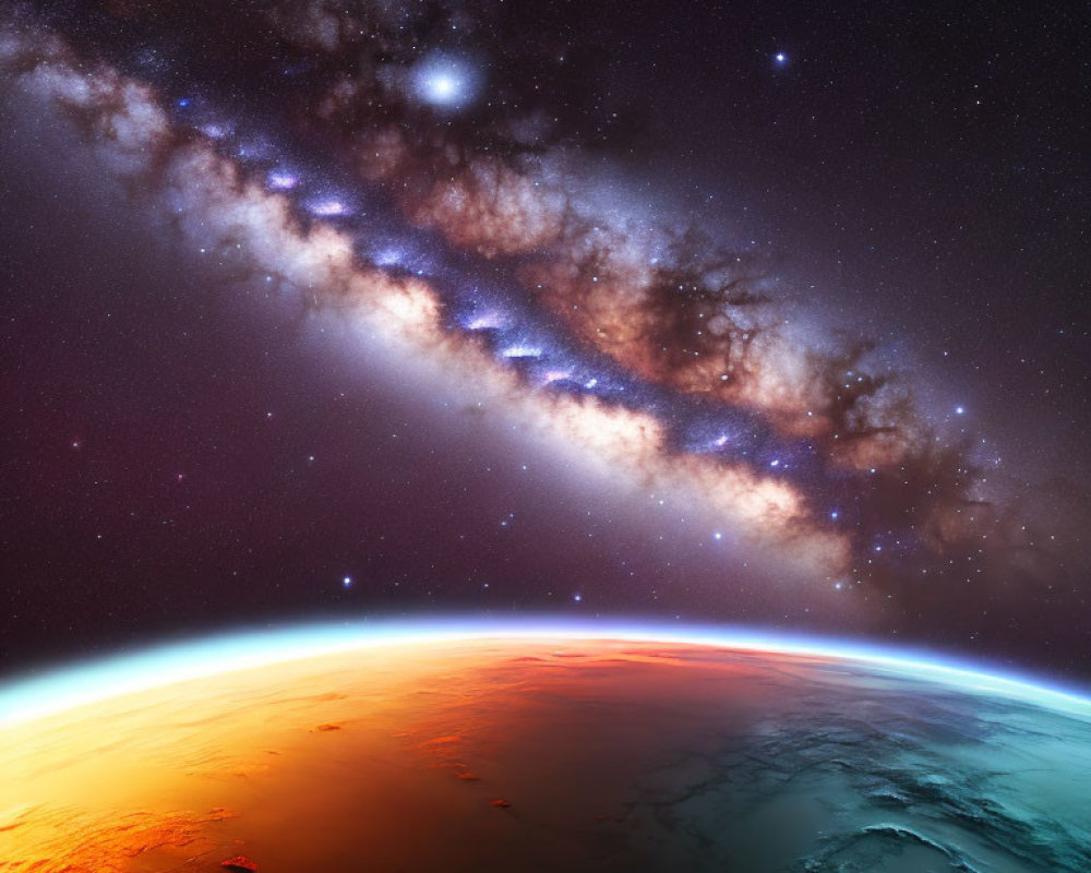 Curved Horizon of Planet with Orange and Blue Hues in Starry Sky