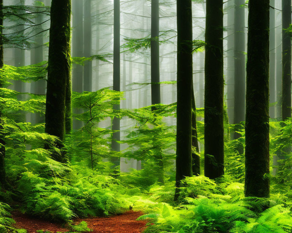 Lush Ferns in Verdant Forest with Towering Trees